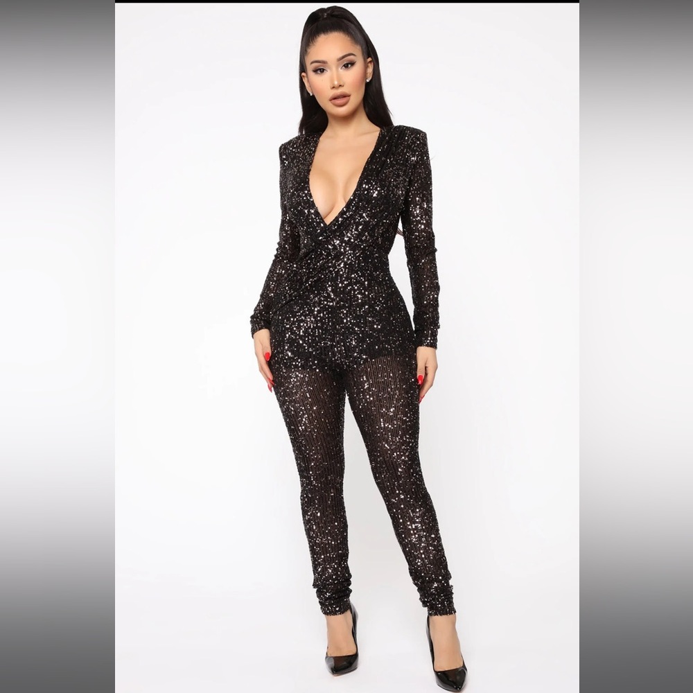Champagne Babe Black and Gold Sequin Jumpsuit